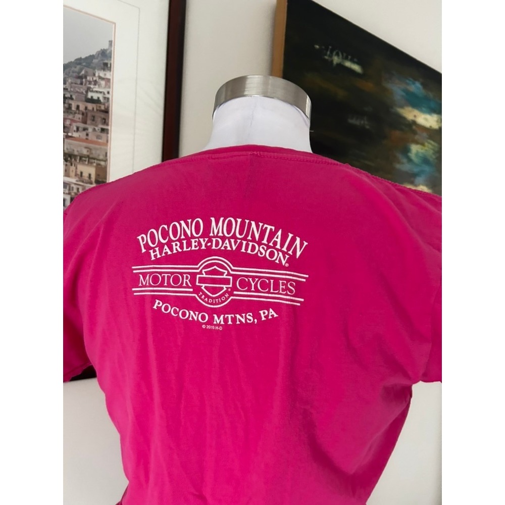 Harley-Davidson V-Neck T-Shirt Large Pink Script Logo Graphic Tee - Picture 4 of 5